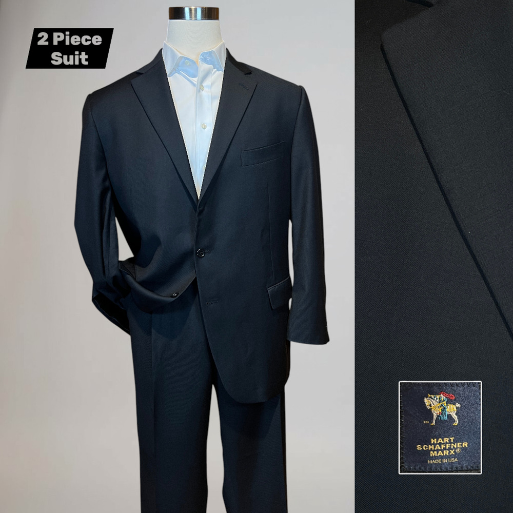 Hart Schaffner Marx 48R 42x30 Solid Black Classic Traditional Fit 2 Piece Suit